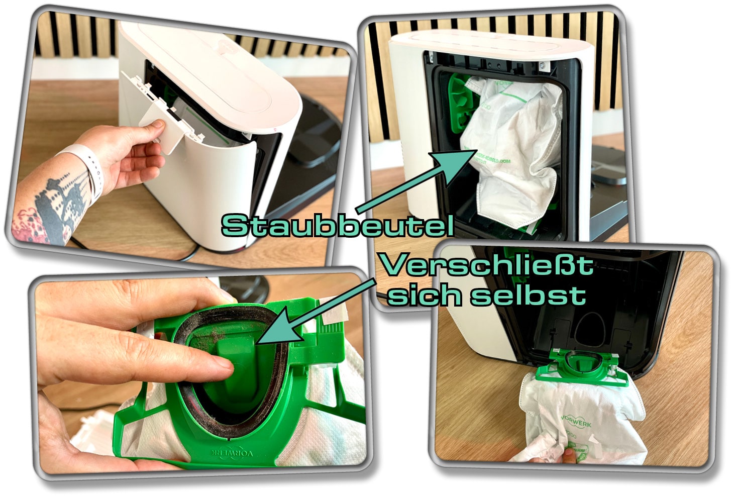 Der Staubbeutel kann nach ein paar Wochen getauscht werden. Dafür muss man die Service-Station umdrehen.