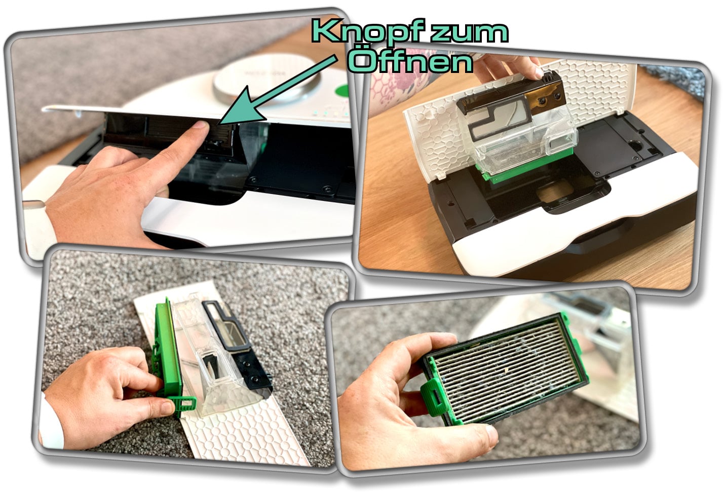 Der Staubbehälter des Vorwerk Kobold VR7 dient gleichzeitig als Abdeckung. Er ist mit einem Feinstaubfilter bestückt.