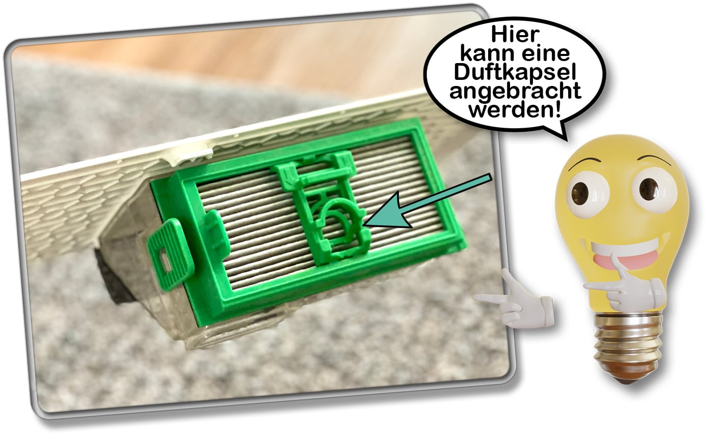 Am Feinstaubfilter des Kobold VR7 Saugroboters, lässt sich eine optional erhältliche Duftkapsel befestigen.