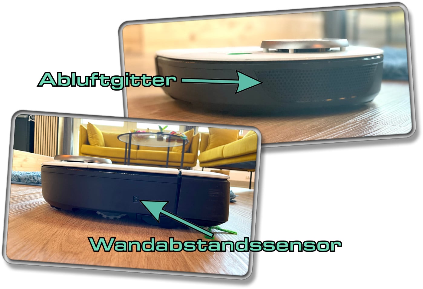 Am Heck des Vorwerk Kobold VR7 gibt es lediglich ein Abluftgitter. Dafür ist seitlich ein Wandabstandssensor eingebaut.