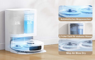 Die mitgelieferte Waschstation des Dreame L10 Prime wäscht die Wischmopps aus und trocknet sie danach