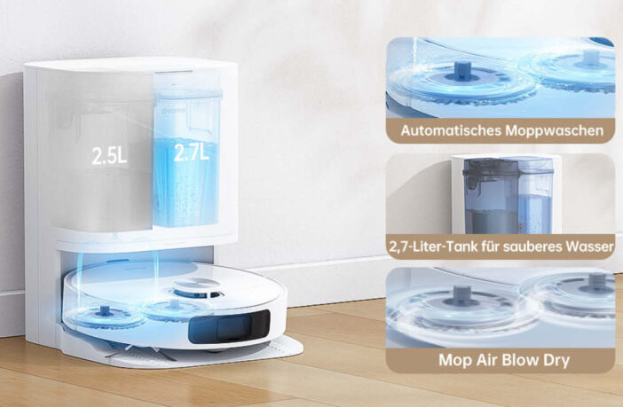 Die mitgelieferte Waschstation des Dreame L10 Prime wäscht die Wischmopps aus und trocknet sie danach