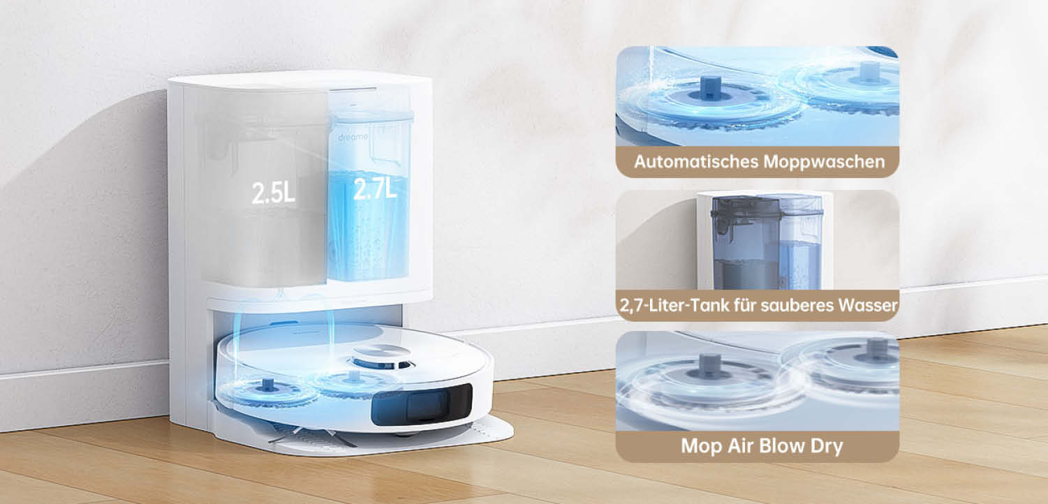 Die mitgelieferte Waschstation des Dreame L10 Prime wäscht die Wischmopps aus und trocknet sie danach