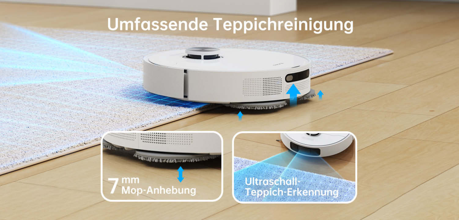 Der Dreame L10 Prime erkennt selbstständig Teppich, steigert darauf seine Leistung und hebt seine Wischmopps an