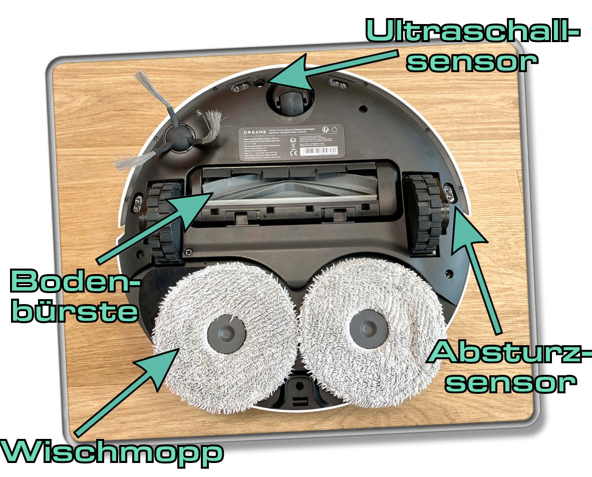 Dreame L20 Ultra - Auf der Unterseite gibt es neben zahlreichen Sensoren auch zwei große Wischmoppos