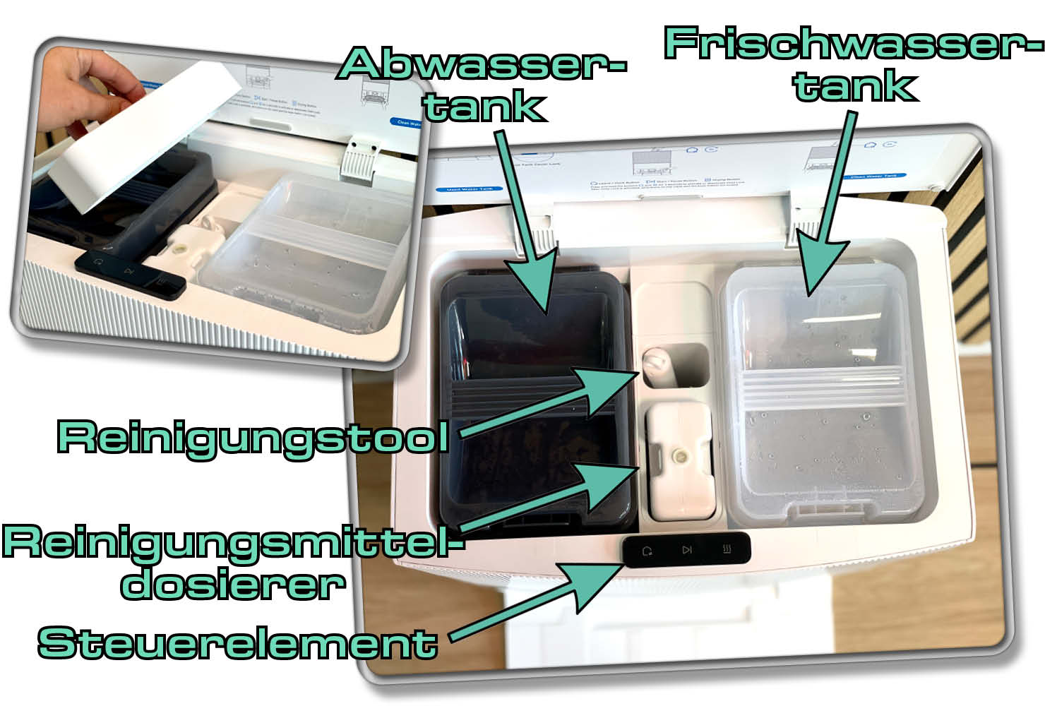 Dreame L20 Ultra - Das befindet sich unter der Klappe der Station