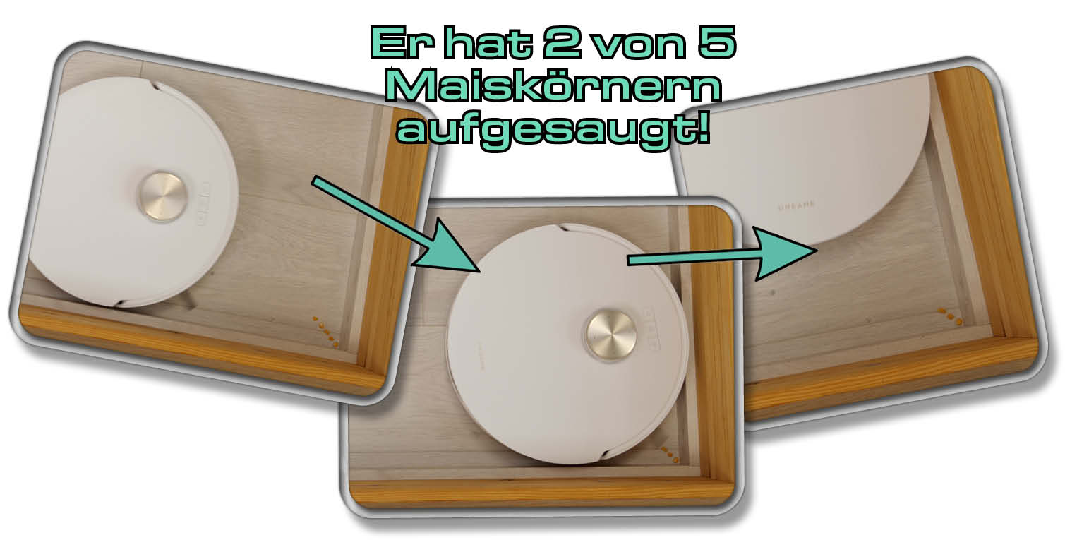 Dreame L20 Ultra - In unserem Eckentest hat er 2 von 5 Maiskörner wieder aufgesaugt