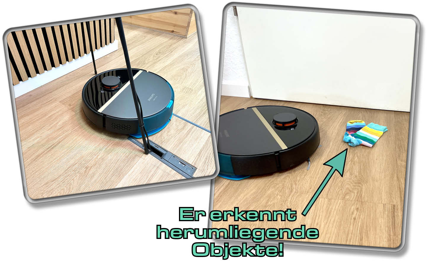 Philips HomeRun 7000 Series Aqua - Die verbaute Obstacle Aoidance erkennt herumliegende Objekte