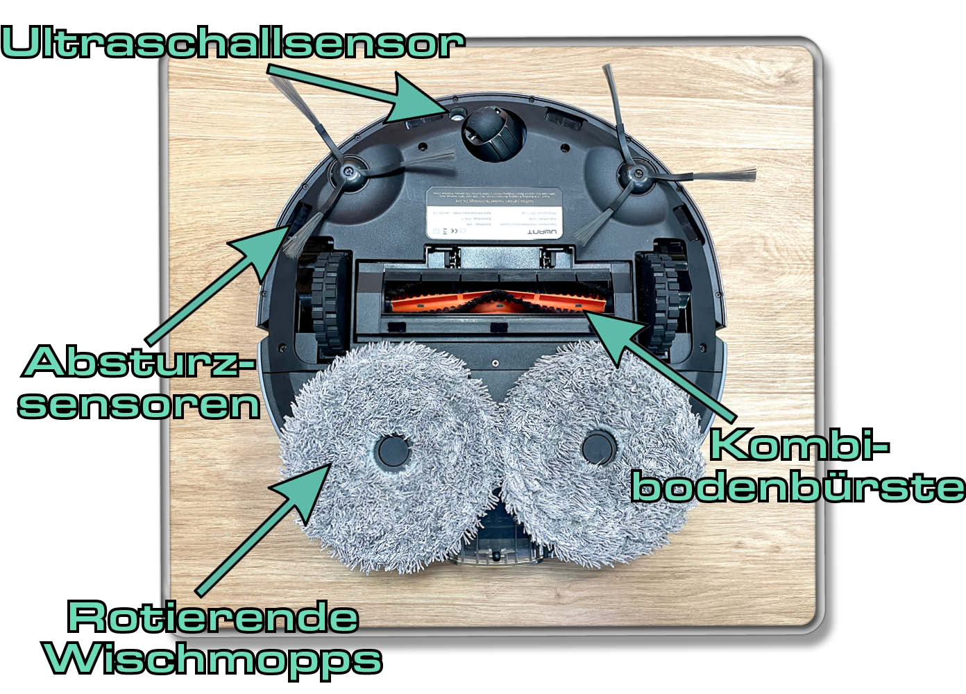 UWANT U200 - Auf der Unterseide des Saugroboters gibt es jede Menge zu entdecken