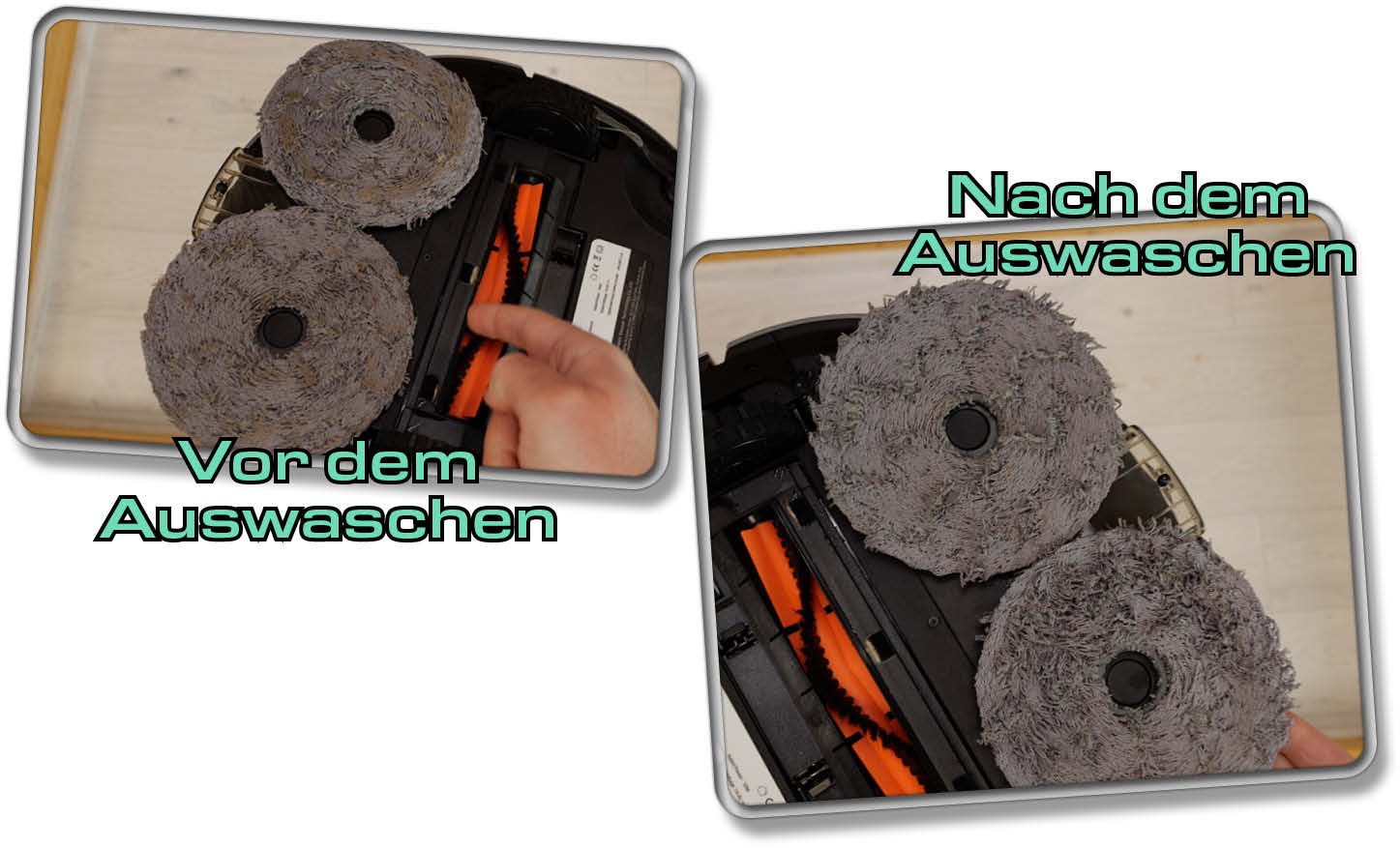 UWANT U200 - Reinigungsvergleich - Vor und nach dem Auswaschen der Mopps in der Station