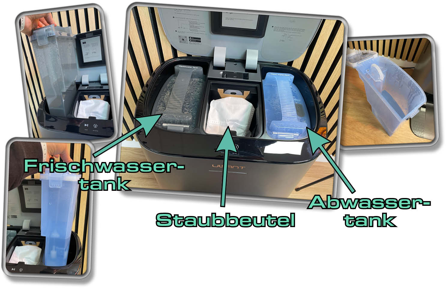 UWANT U200 - Unter dem Deckel der Station befindet sich ein Abwassertank, ein Frischwassertank und der Staubbeutel