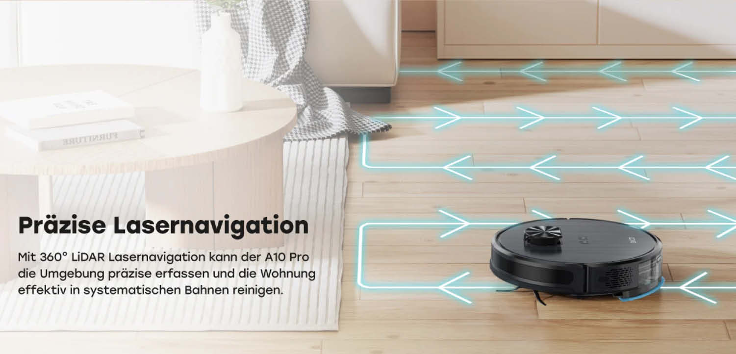 ZACO A10 Pro - Dank der präzisen LiDAR Lasernavigation kann er in vorausgeplanten Bahnen fahren