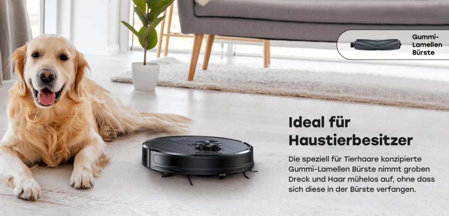 ZACO A10 Pro - Der Saugroboter besitzt eine Bodenbürste aus Gummi, um besonders effizient Tierhaare aufzunehmen