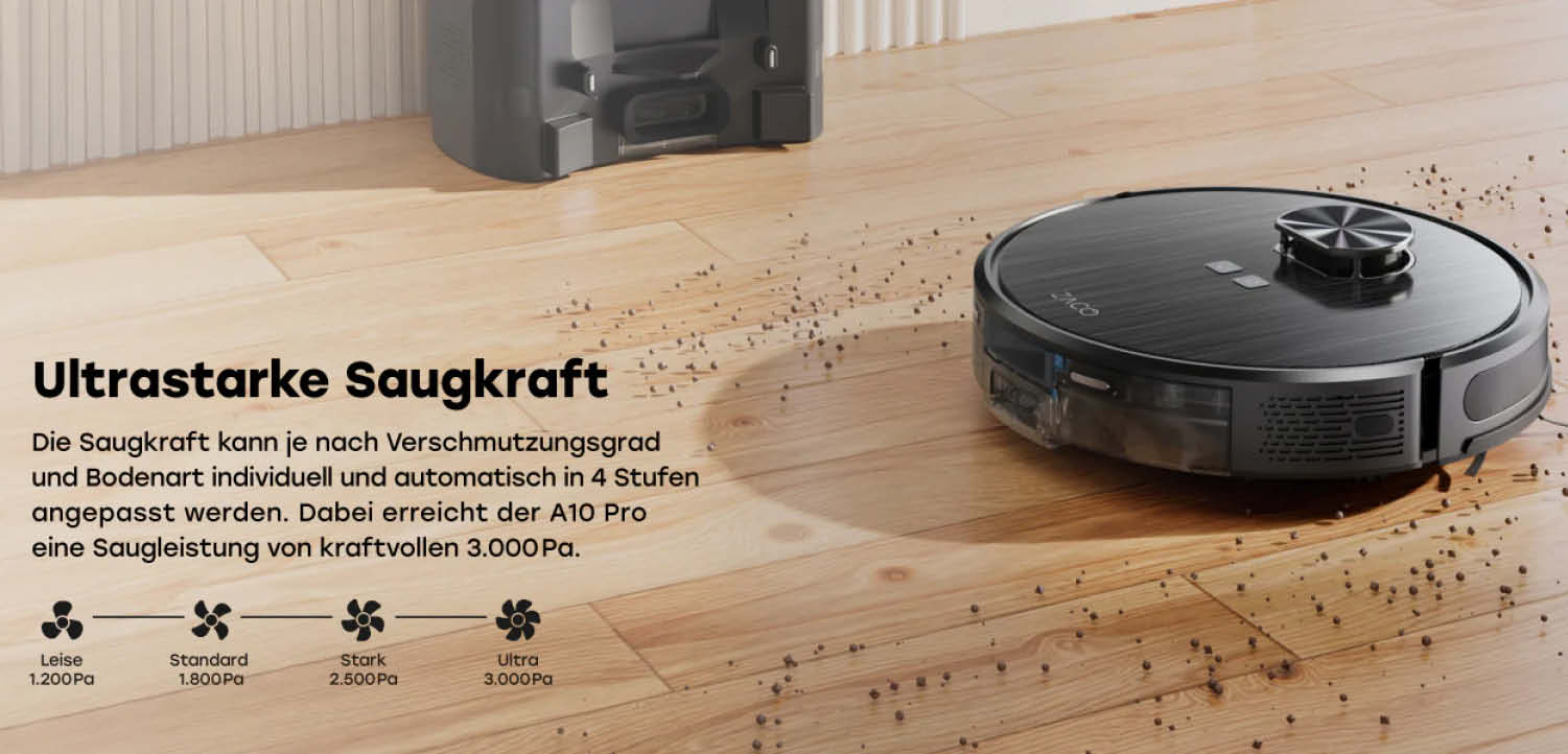 ZACO A10 Pro - Der Saugroboter verfügt über maximal 3000 Pascal Saugkraft