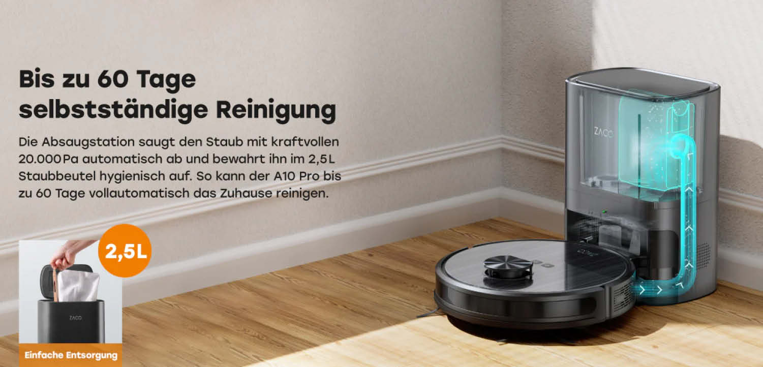 ZACO A10 Pro - Der erste Saugroboter der Marke, der eine Absaugstation mit an Bord hat