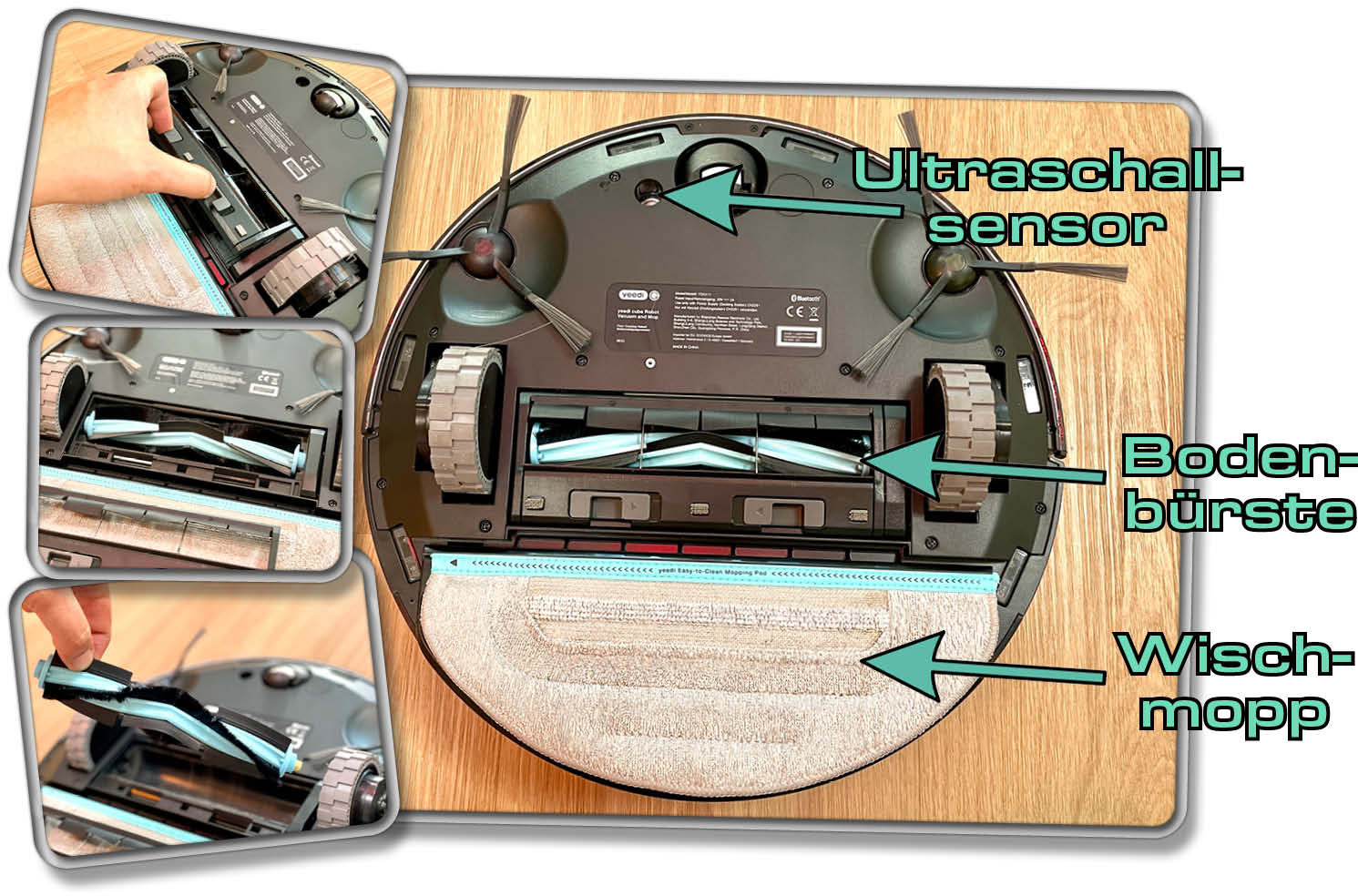 Auf der Unterseite des yeedi cube gibt es zahlreiche Sensoren zu entdecken