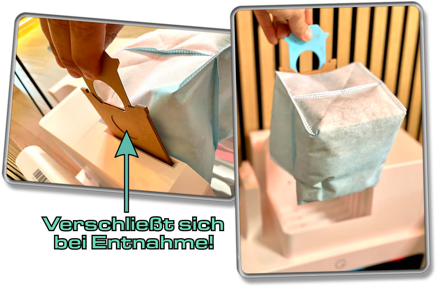 Der Staubbeutel in der Station des yeedi cube verschließt sich selbst bei Entnahme