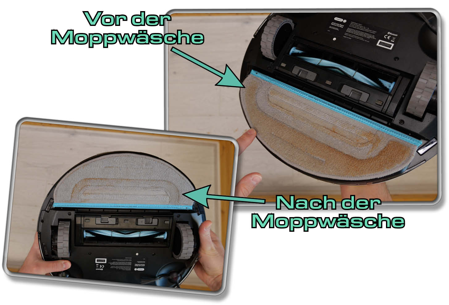 Der Vorher- Nachher- Test zeigt, wie gut die Moppwäsche funktioniert