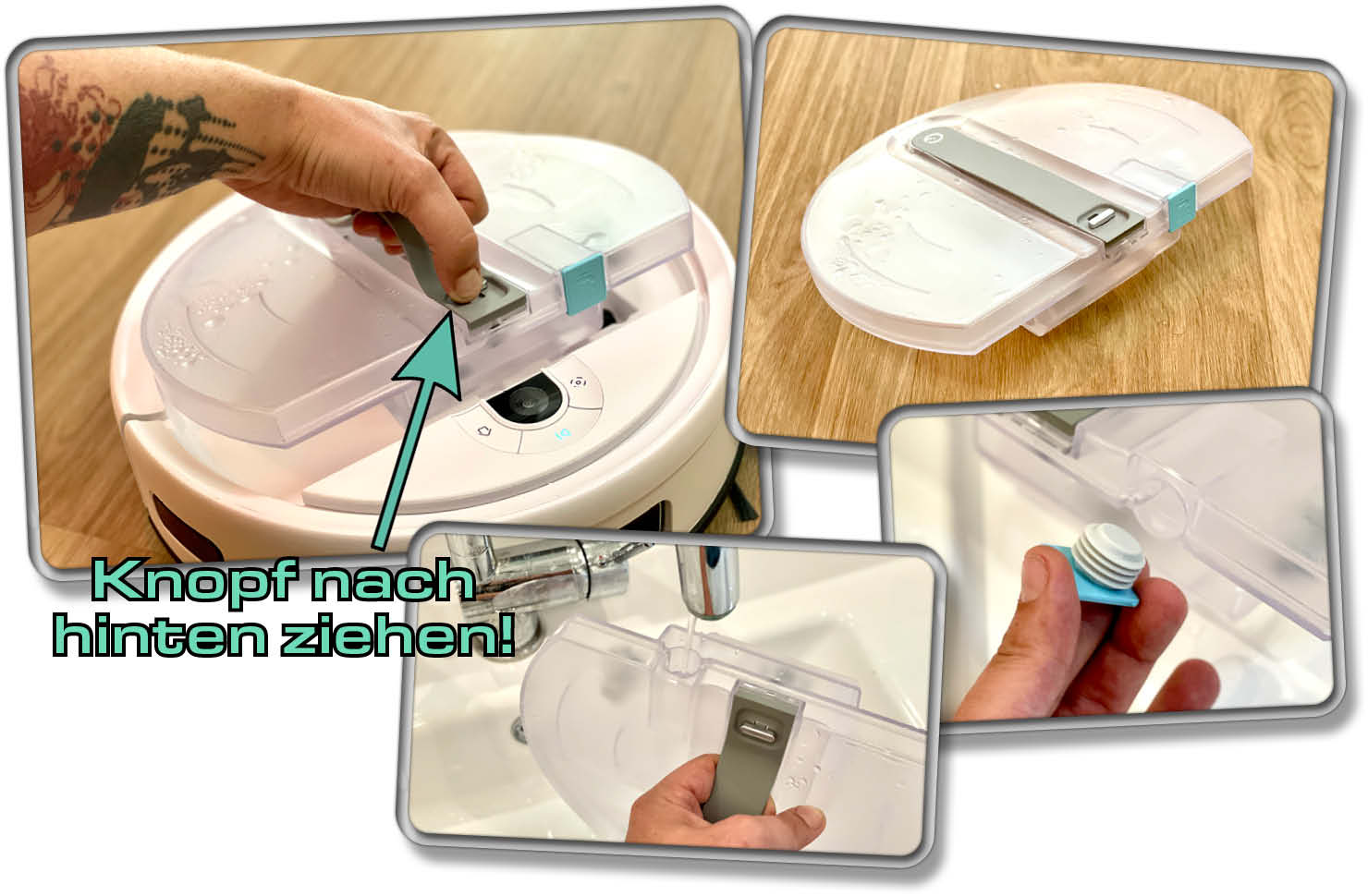 Der große 1 Liter Wassertank des Roboters nimmt fast die ganze Oberseite ein