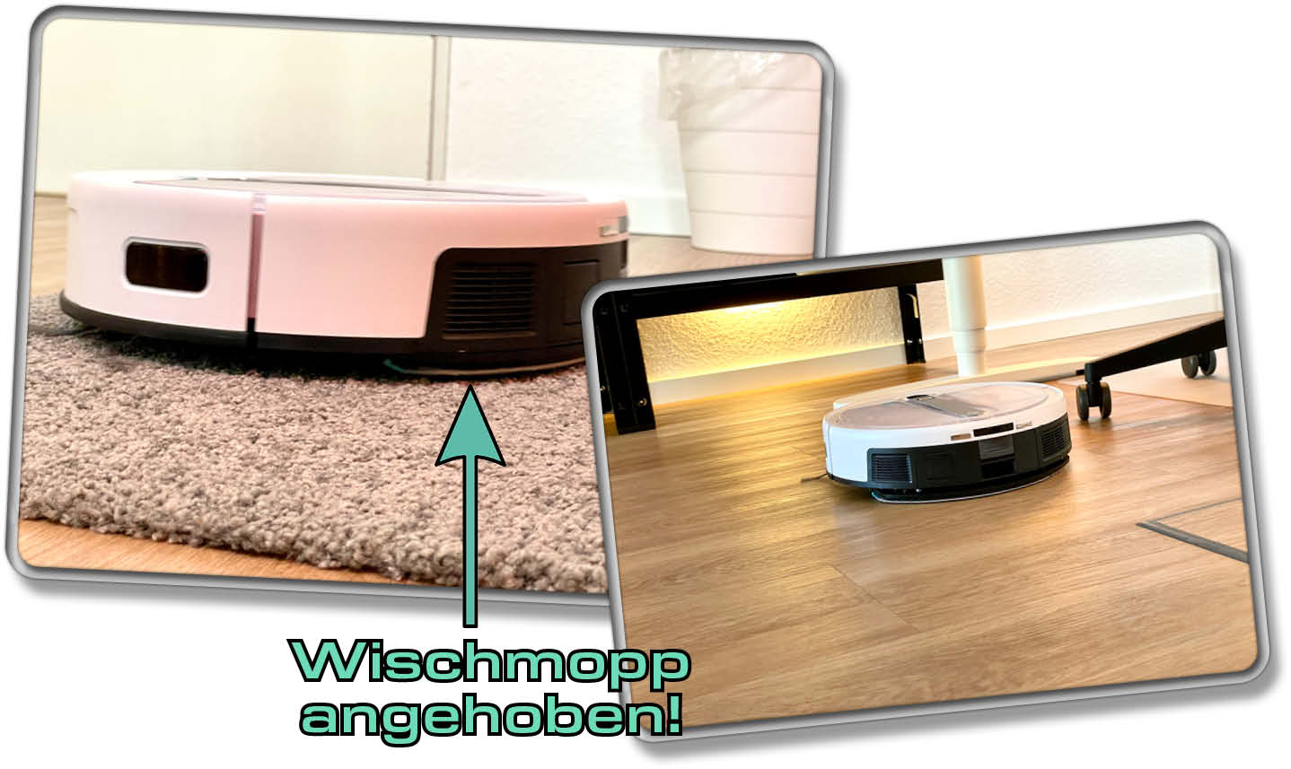 Der yeedi cube hebt sein Wischtuch über Teppichboden in die Höhe!