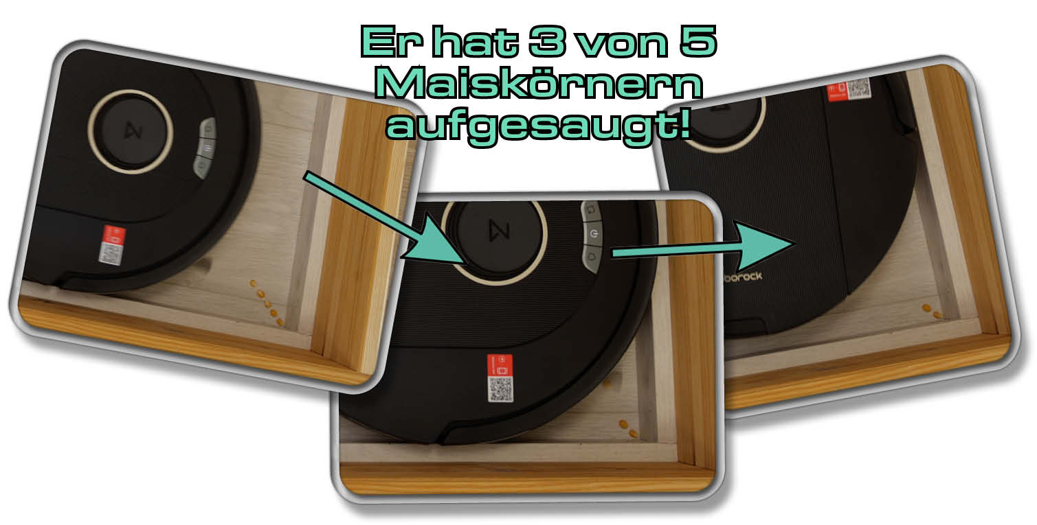 Roborock Q5 Pro - Er hat drei der fünf ausgelegten Maiskörner in einer Ecke aufsaugen können