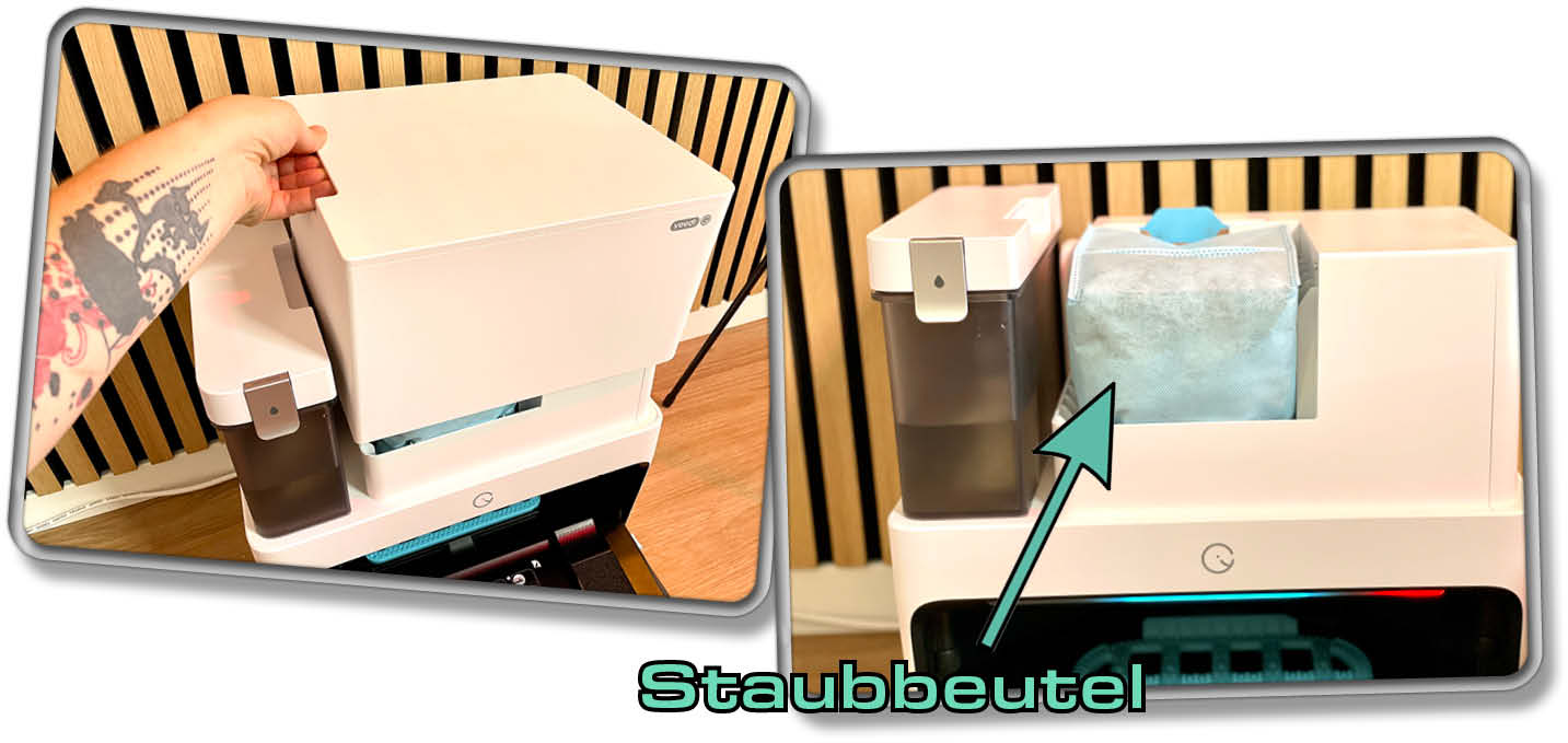 Unter der Box befindet sich ein Staubbeutel für die Absaugfunktion des yeedi cube