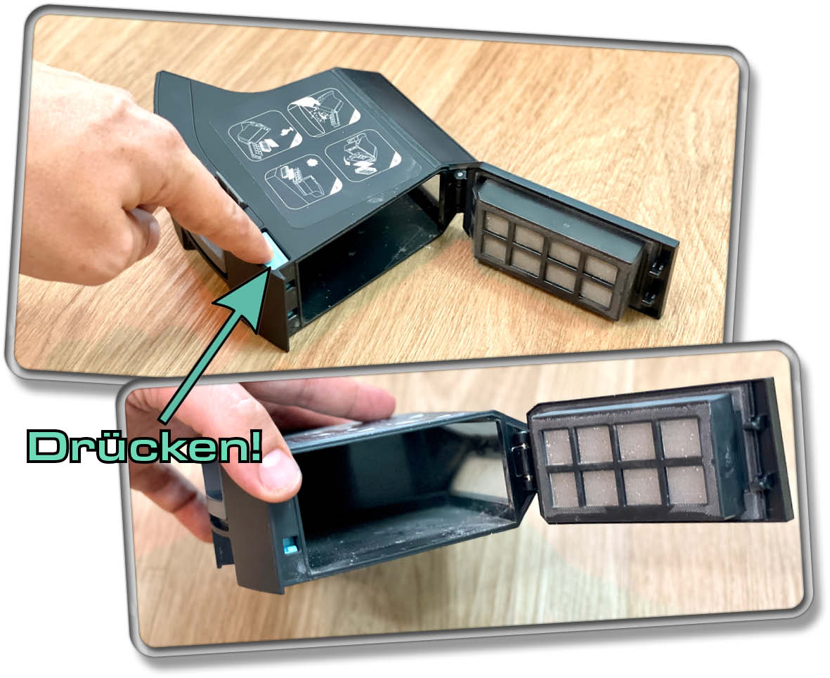 yeedi cube - Der Staubbehälter lässt sich durch Drücken einer blauen Taste öffnen