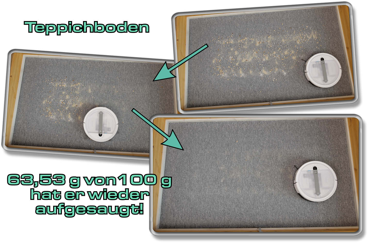 yeedi cube - Unsere gemessene Saugleistung auf Teppichboden