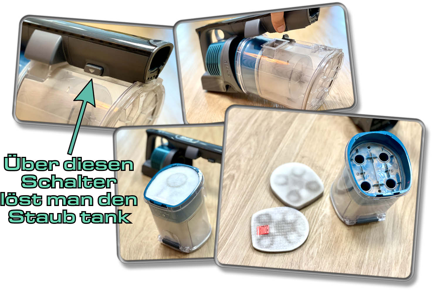 Der Staubtank kann komplett abgenommen werden und darunter befinden sich die Filter