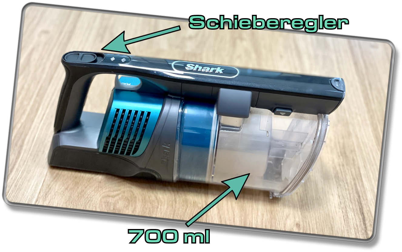 Die Saugeinheit des Shark Akkusaugers besitzt einen 700 ml großen Staubtank