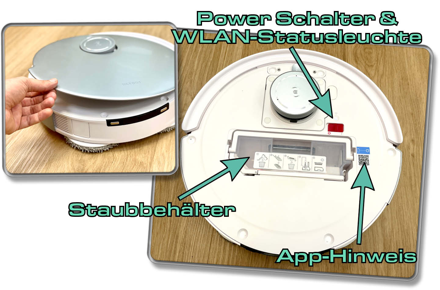ECOVACS Deebot T20 Omni - Unter der magnetischen Haube gibt es neben dem Staubbehälter noch die gekannten Tasten und Informationen