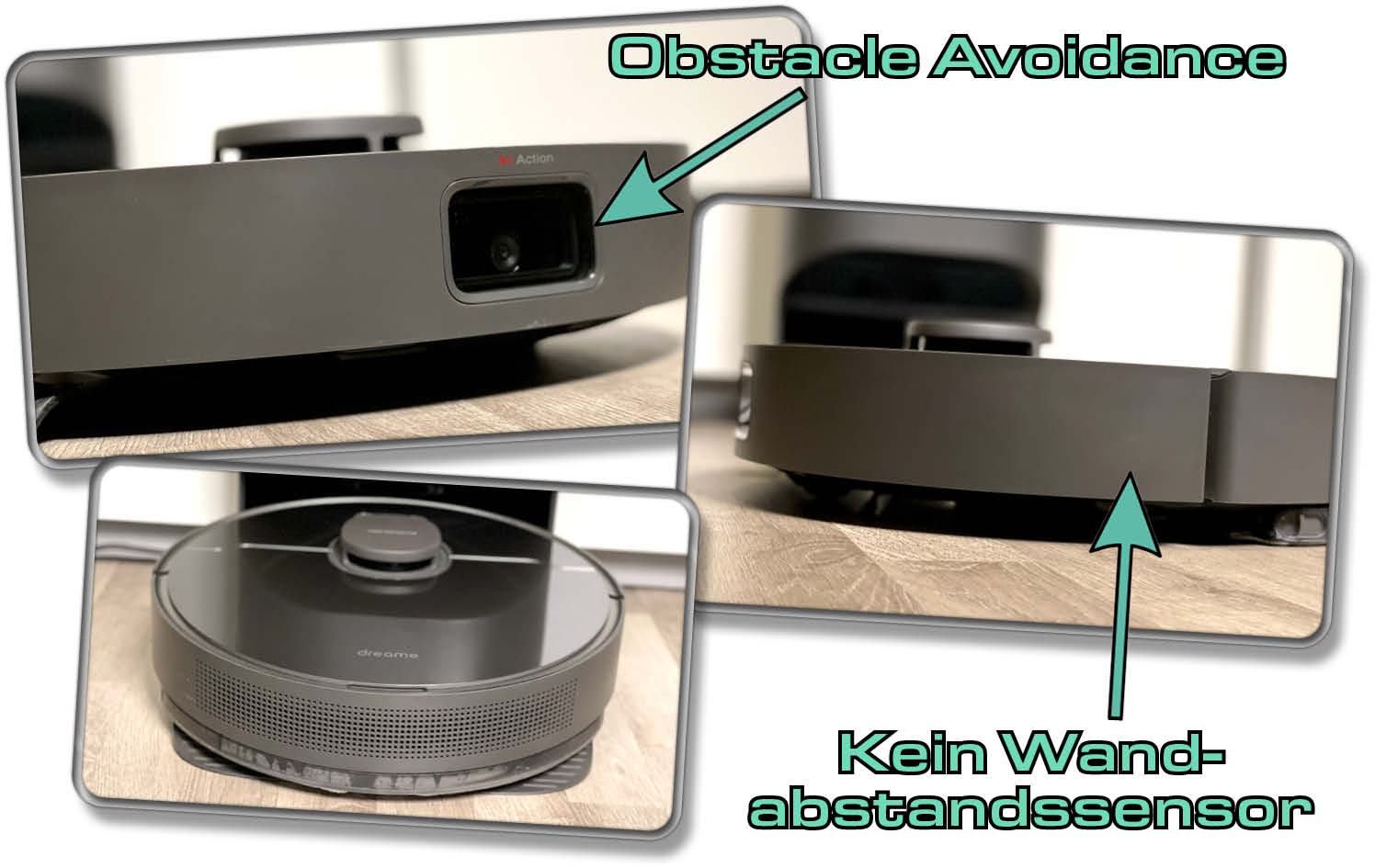 Auf der Front des Dreame D10s Plus befindet sich eine Obstacle Avoidance, dafür fehlt dem Gerät ein Wandabstandssensor.