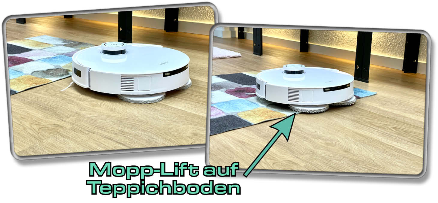 Der ECOVACS DEEBOT T20e OMNI hebt seinen Wischmopp über Teppichboden in die Höhe