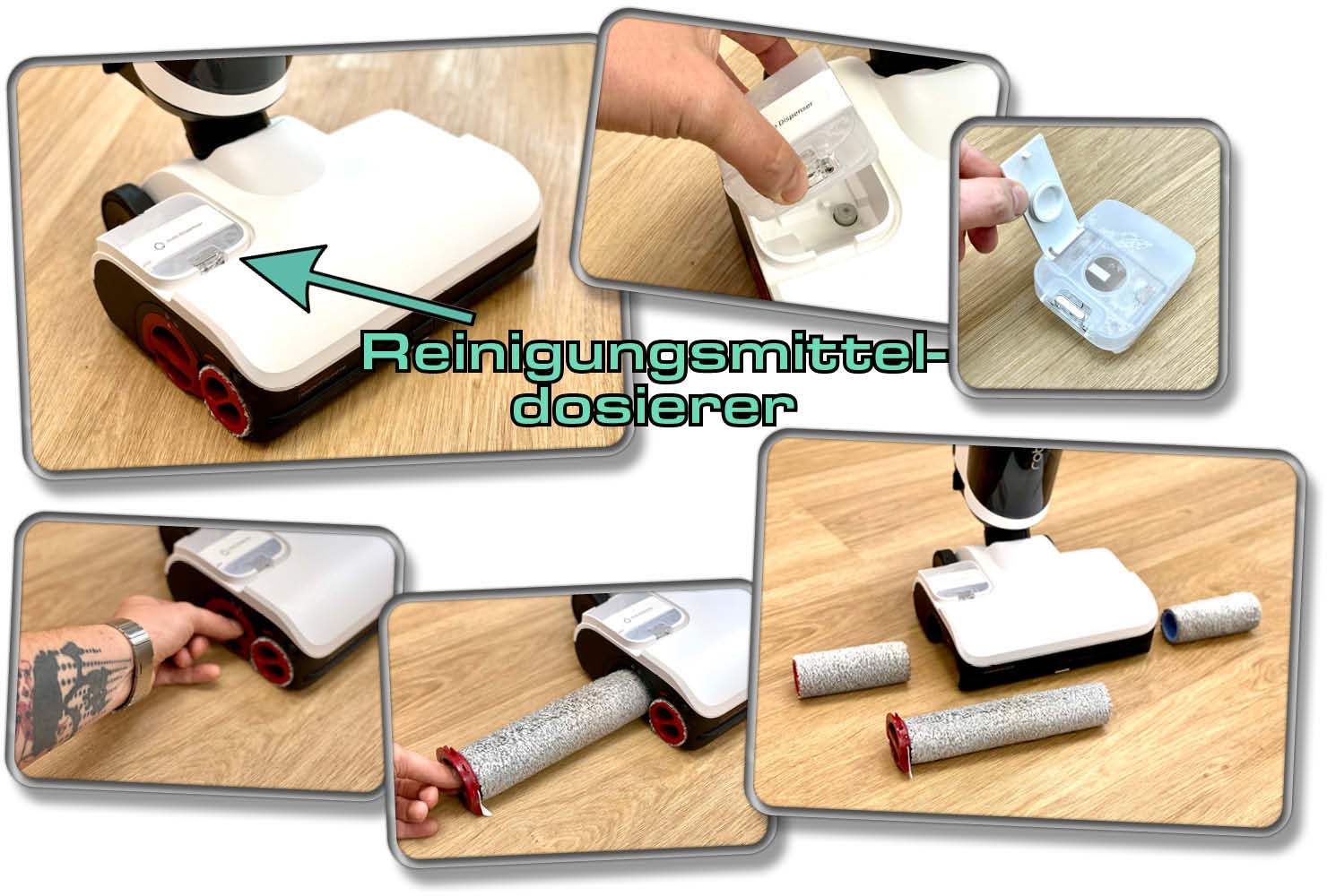 Der Roborock Dyad Pro Combo verfügt über drei Bodenbürsten und einem Reinigungsmitteldosierer, der stets Reinigungsmittel im Wischvorgang abgibt