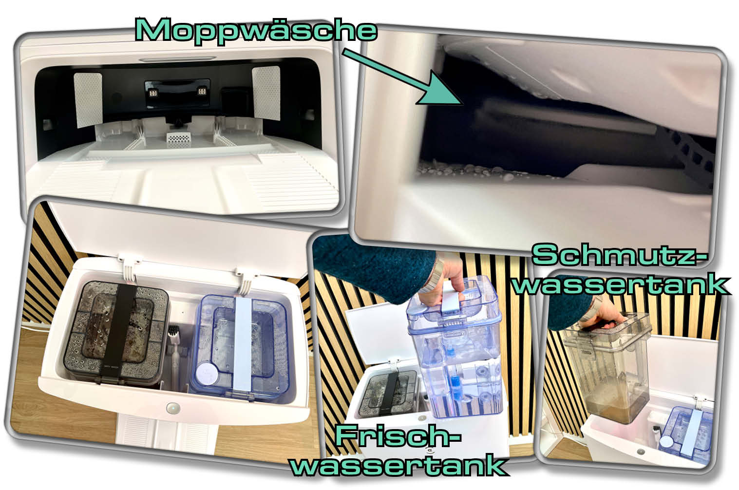 Der Saugroboter wäscht während und nach jeder Reinigung seine Wischmopps sauber