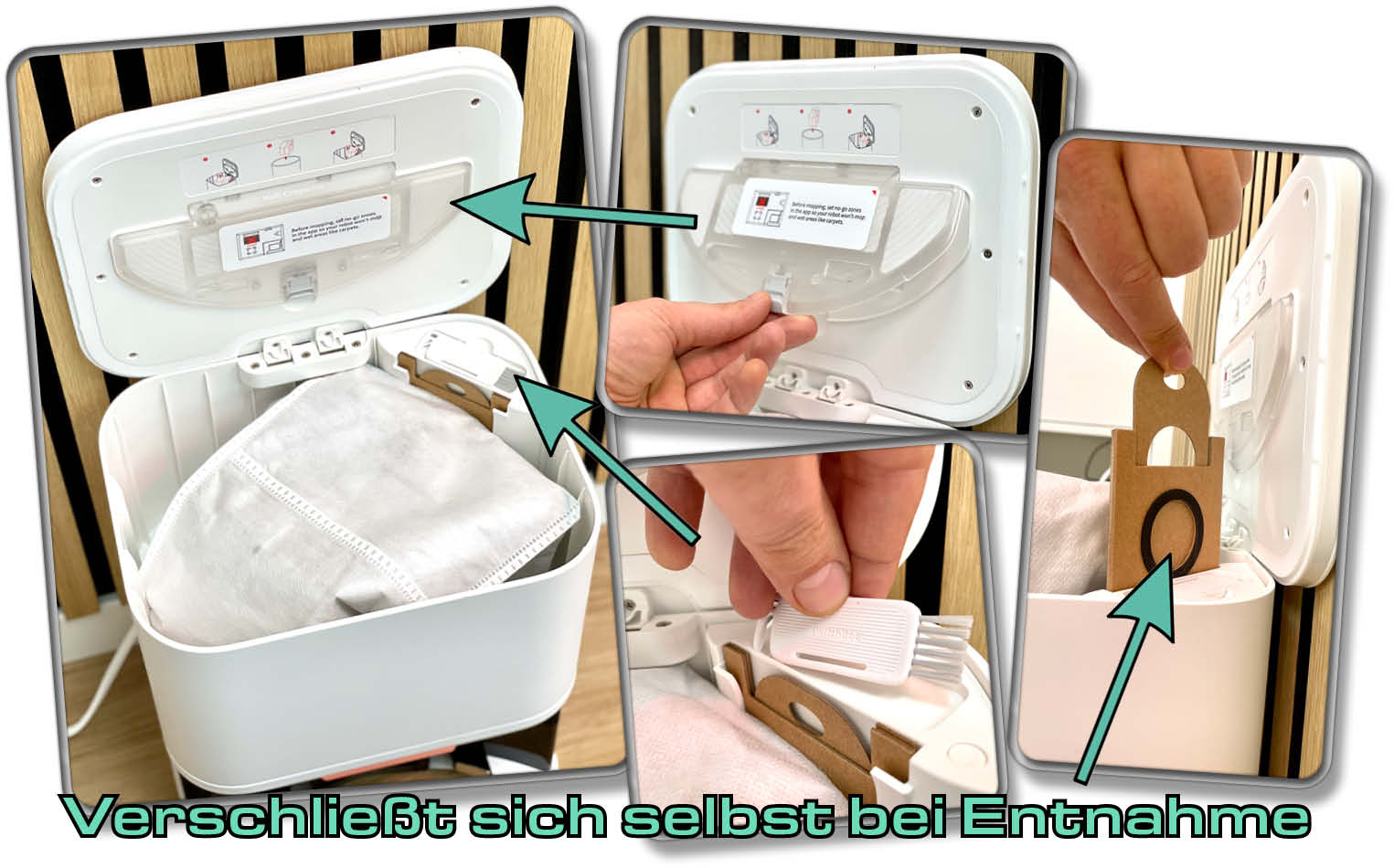 Der Staubbeutel der Station verschließt sich bei Entnahme selbstständig