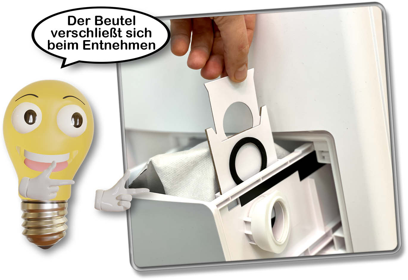 Der Staubbeutel der Station verschließt sich selbst bei Entnahme und fungiert als Feinstaubfilter für die Abluft