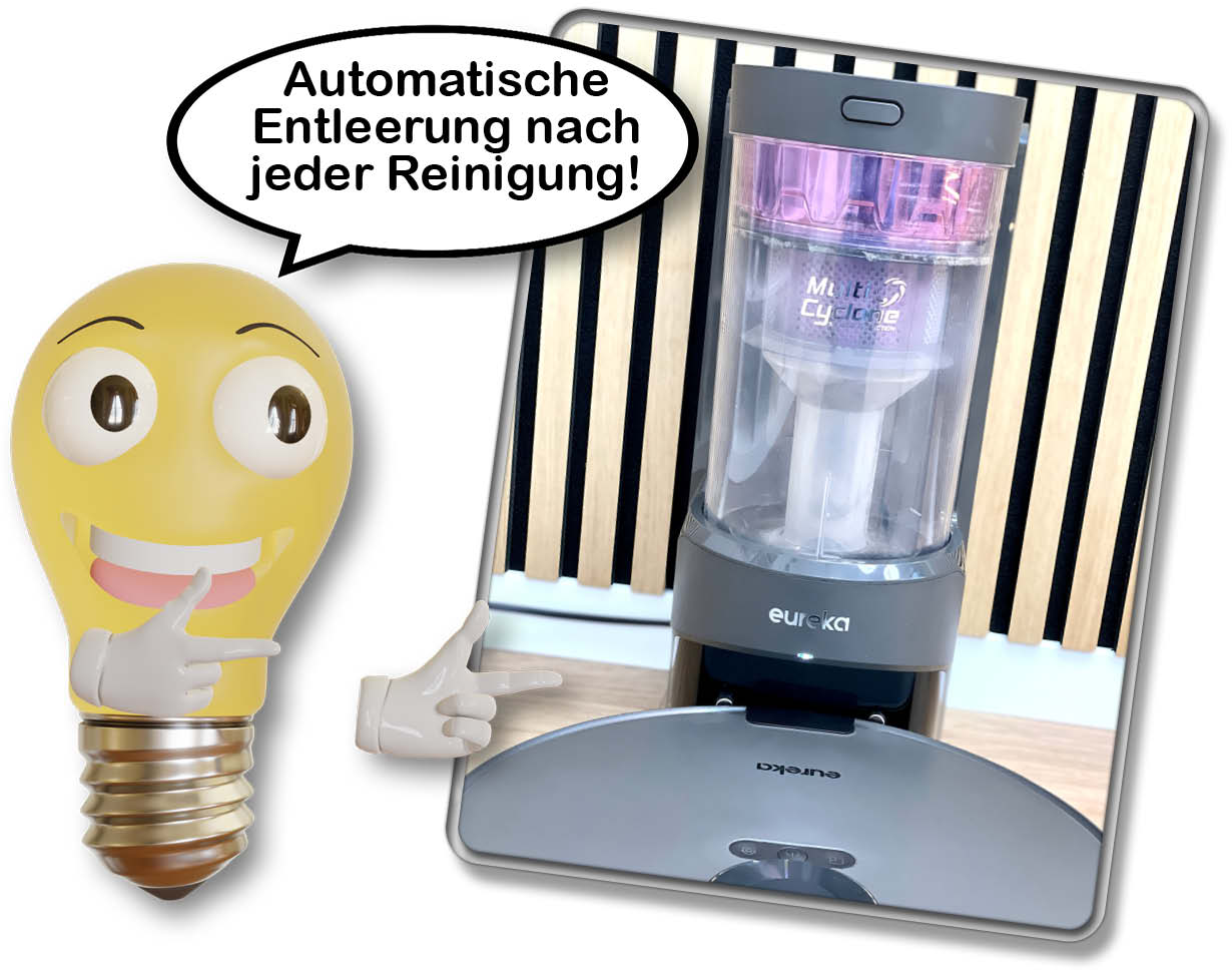 Die Absaugstation entleert den Staubbehälter des Eureka NER E10s nach jeder Reinigung