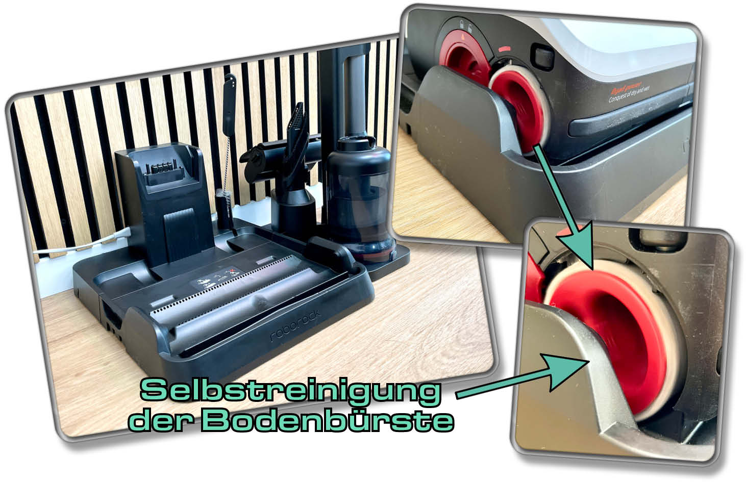 Die Station reinigt die Bodenbürsten effektiv und gründlich, damit sie für den nächsten Einsatz sauber sind