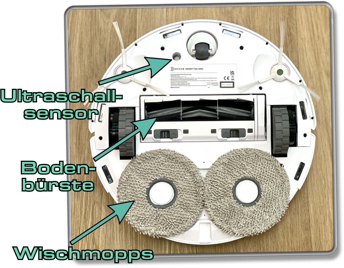 Die Unterseite des ECOVACS DEEBOT T20e OMNI sieht etwas anders aus als die des T20 OMNI+