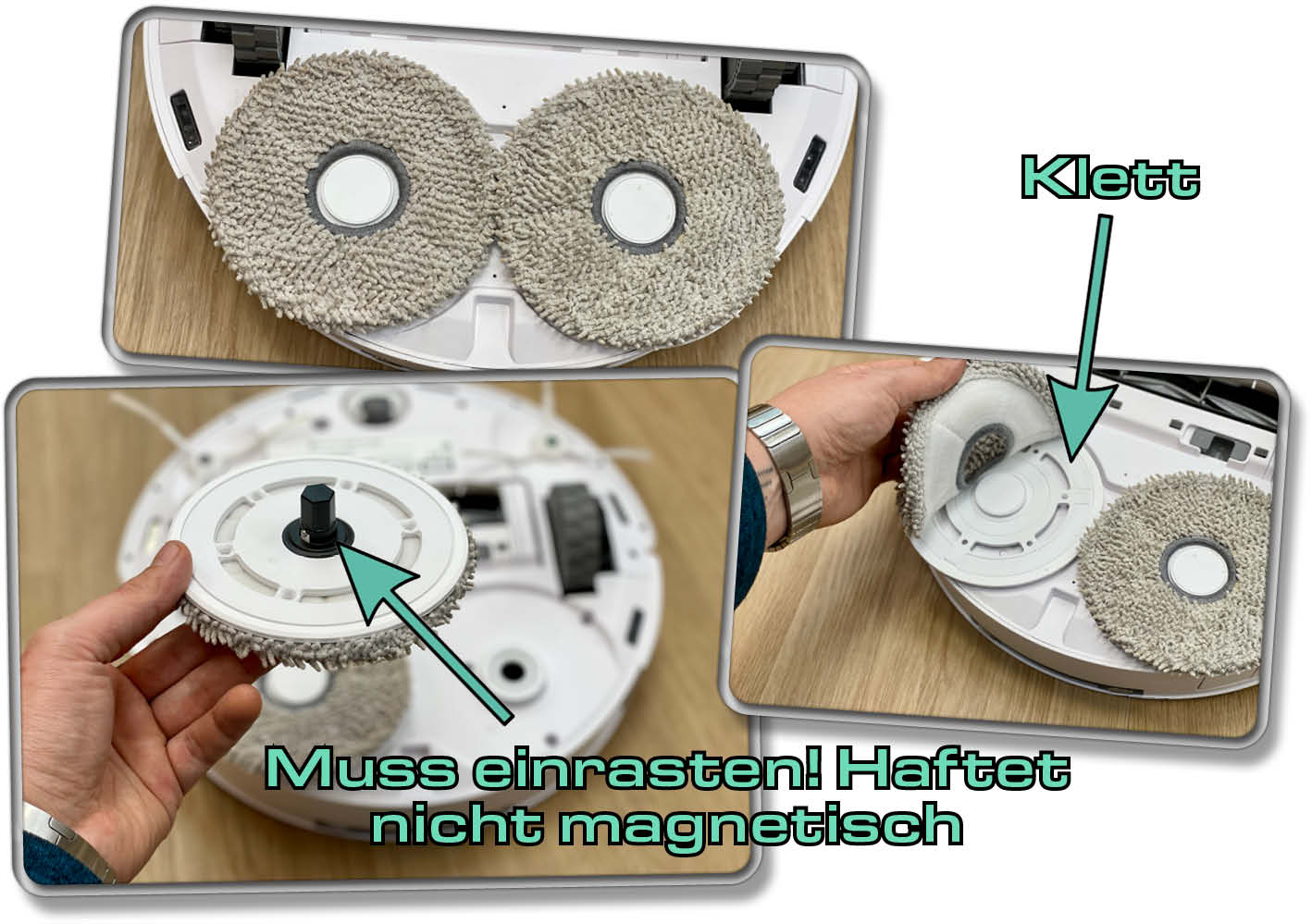 Die Wischmopps des ECOVACS DEEBOT T20e OMNI haften nicht magnetisch, sondern rasten im Roboter ein!