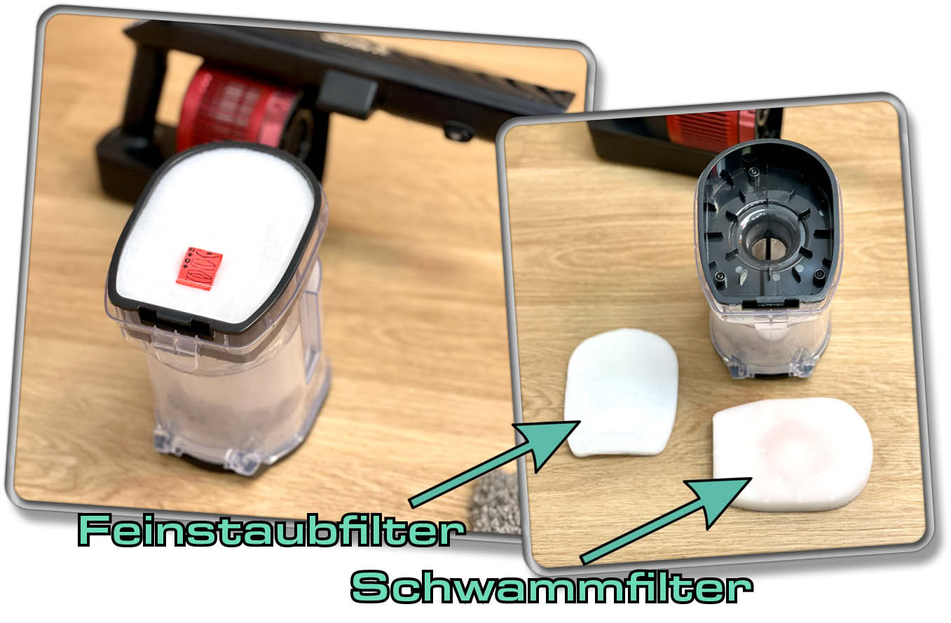 Die ersten Filter verstecken sich im Staubtank des Shark Anti Hair Wrap IZ300EUT