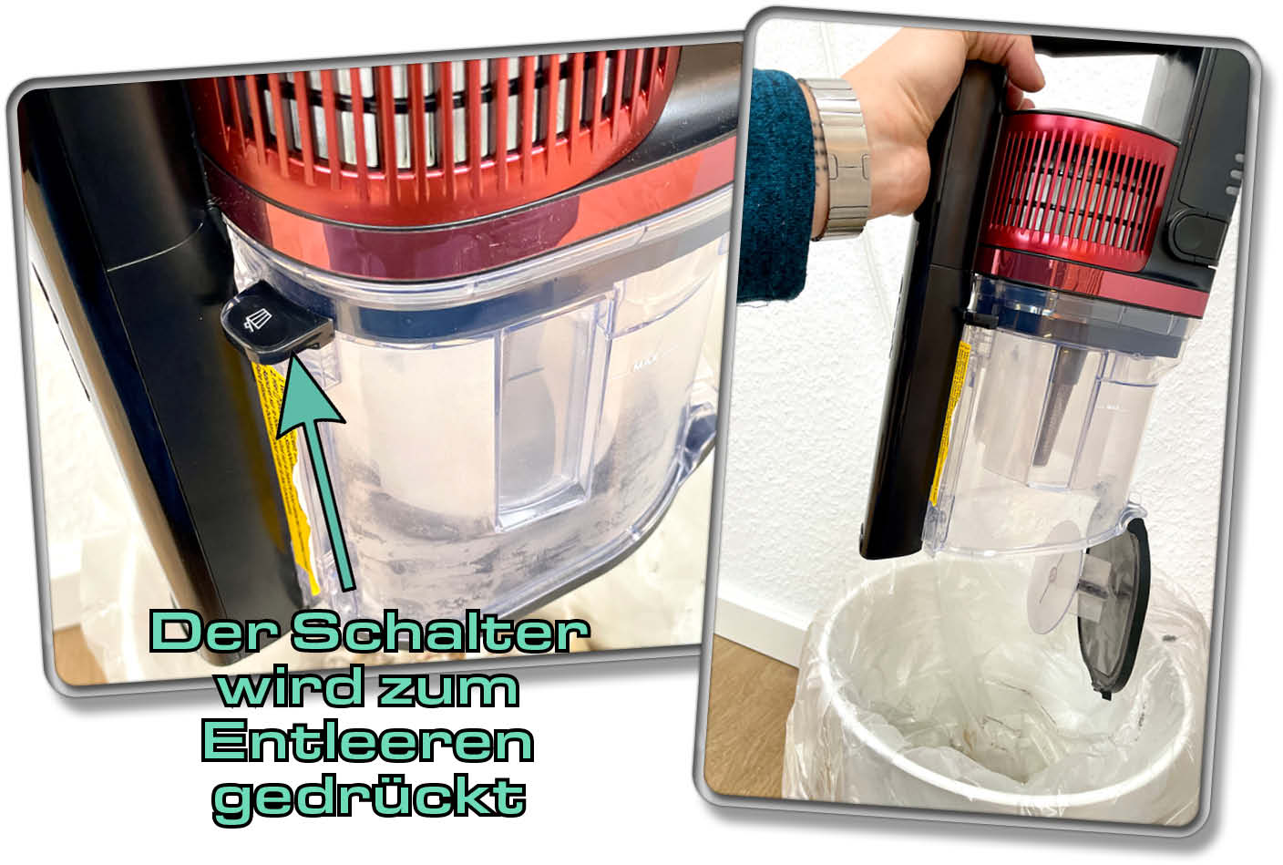 Druch drücken eines einfachen Schalters, öffnet sich die Klappe des Staubtanks und der Schmutz fällt heraus