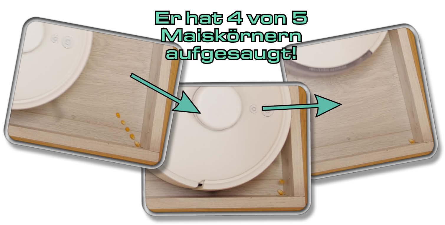 Im Eckentest hat der SwitchBot K10+ vier von fünf verteilten Maiskörnern wieder aus einer Ecke saugen können