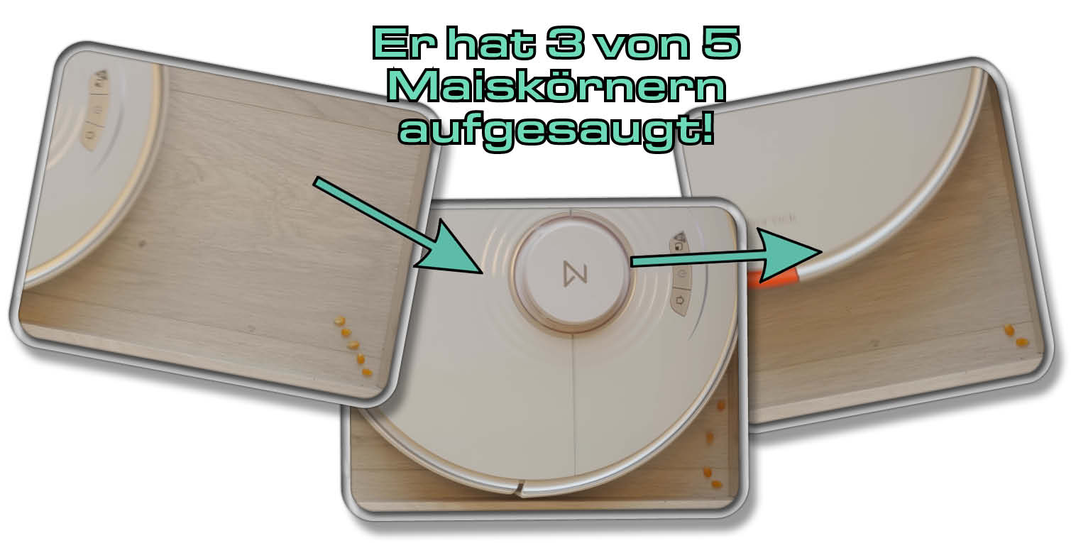 Roborock S7 - Der Saugroboter konnte drei von fünf Maiskörnern wieder aus einer Ecke heraus fegen.