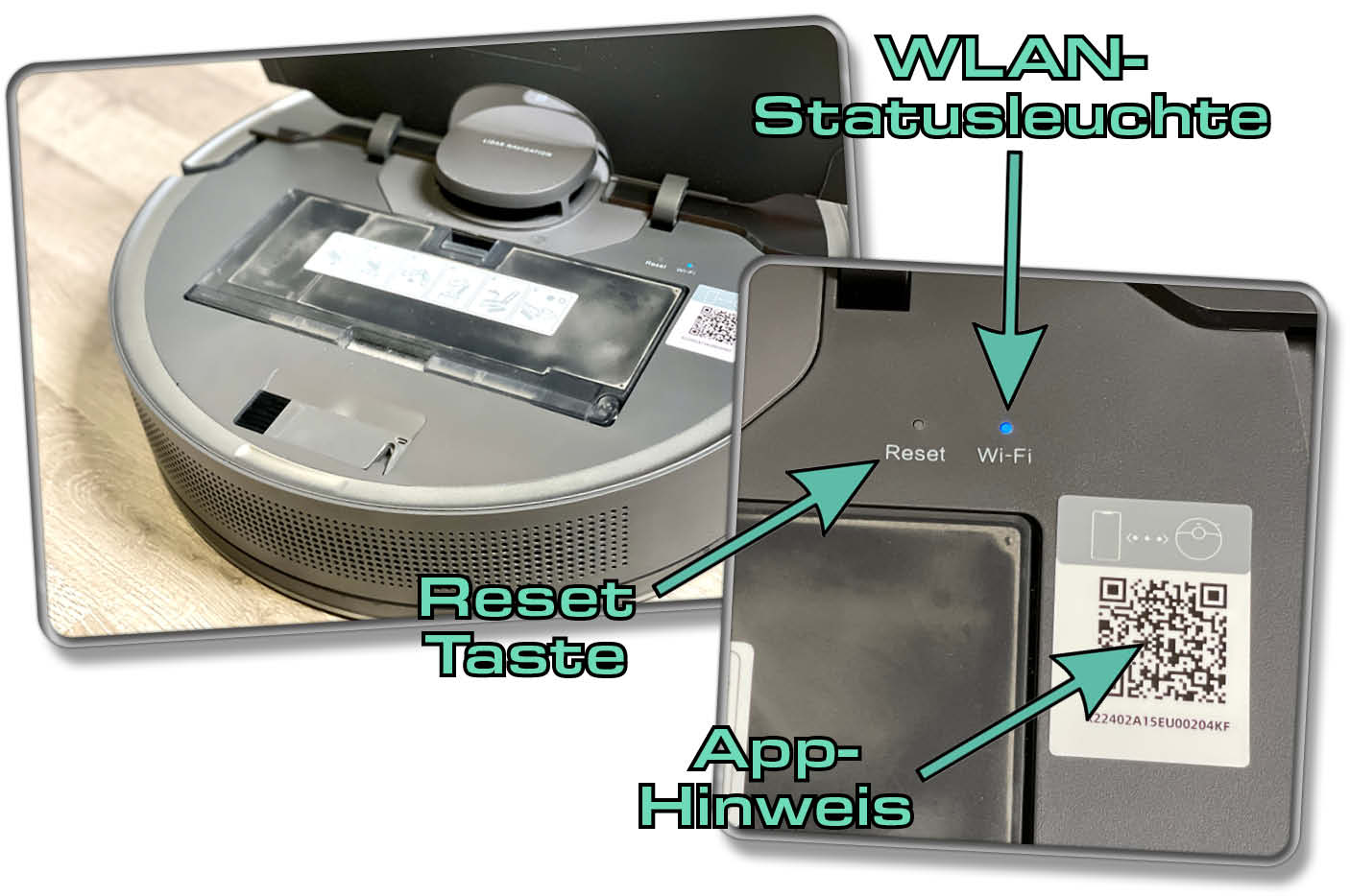 Unter der Haube des Dreame D10s Plus findet man nicht nur einen Staubbehälter, sondern auch diverse Leuchten und Tasten