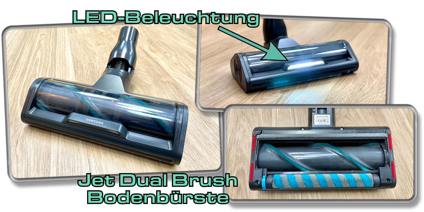 Der Samsung Bespoke Jet AI verfügt über eine beleuchtete Bodenbürste mit zwei Rollen namens Jet Dual Brush