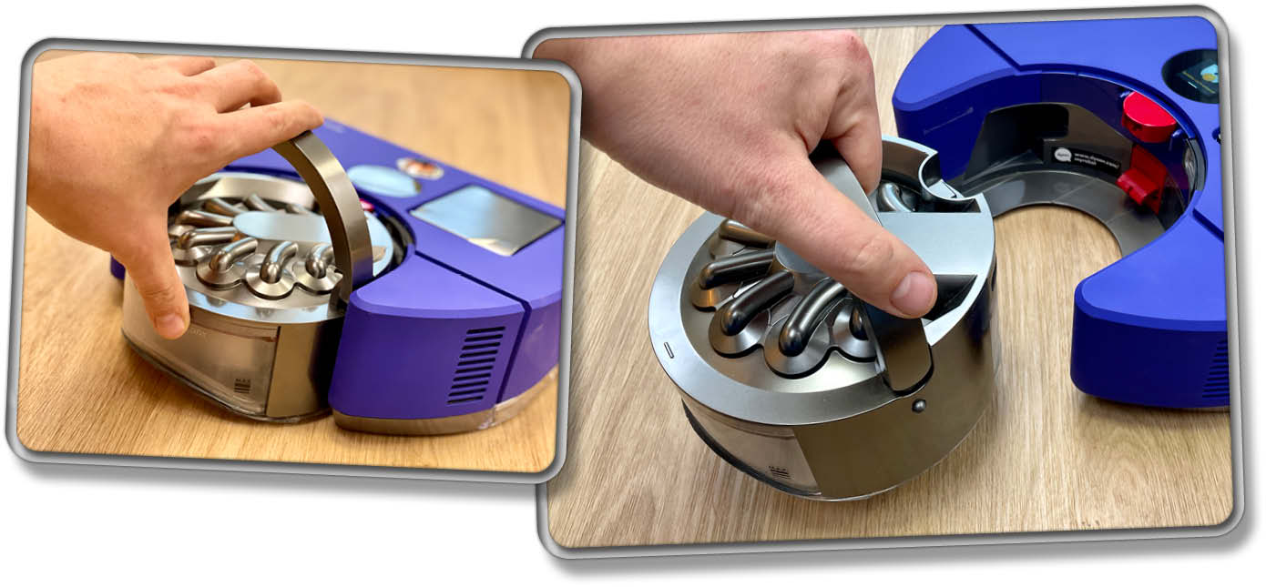 Der Staubbehälter ist schon fast das Highlight des Dyson 360 Vis Nav