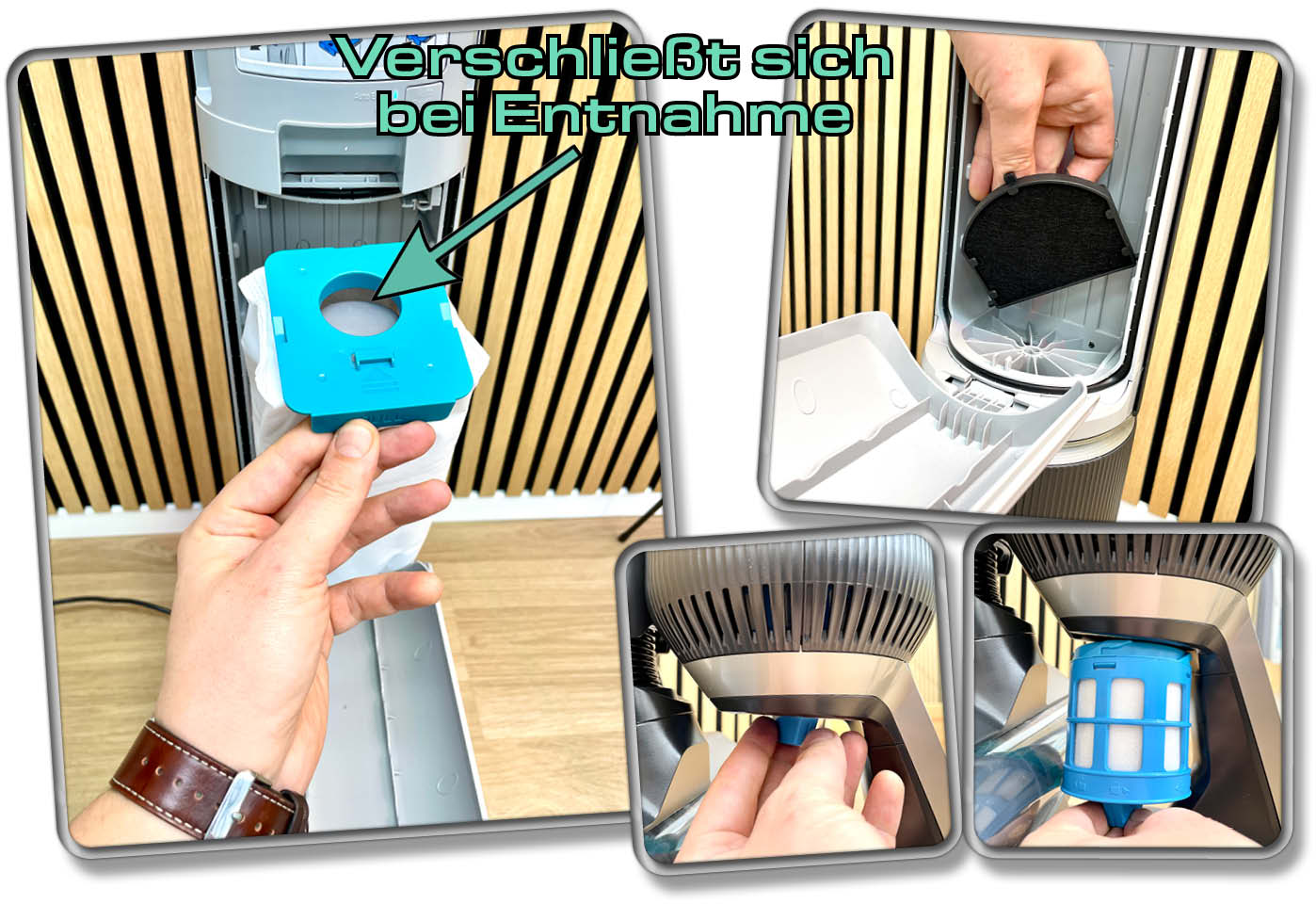 Der Staubbeutel wird beim Entnehmen automatisch geschlossen