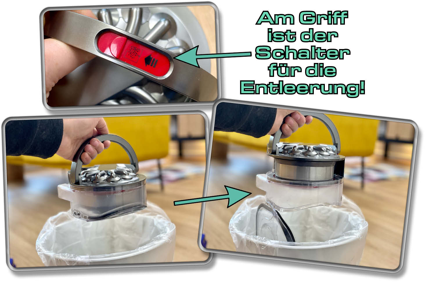 Der genial konstruierte Staubbehälter hat am Griff einen Schalter, mit dem man den Staubbehälter öffnet